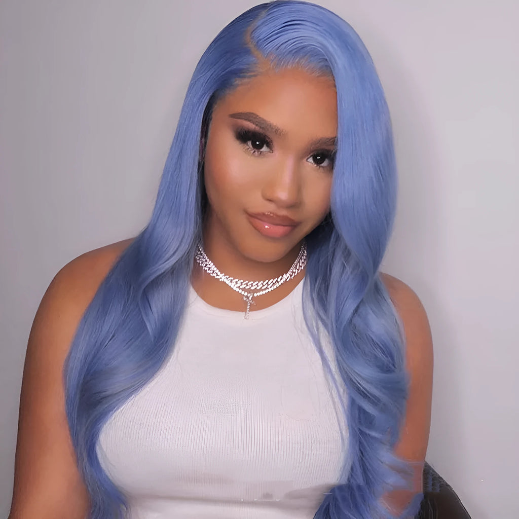 Body wave human hair lace front wig on a mannequin head showing medium long length