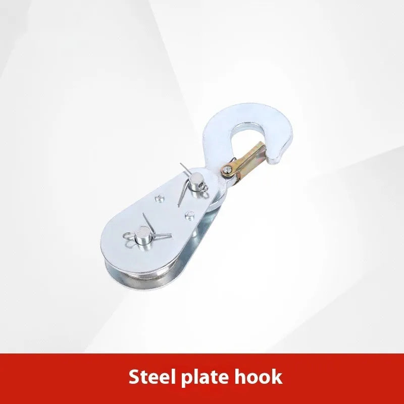 Red forged steel industrial lifting pulley with a safety latch on the hook