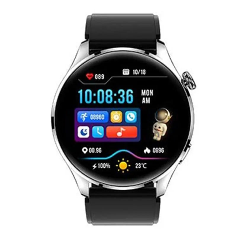 Black smartwatch with round colour screen on a silicone strap, showing call interface.
