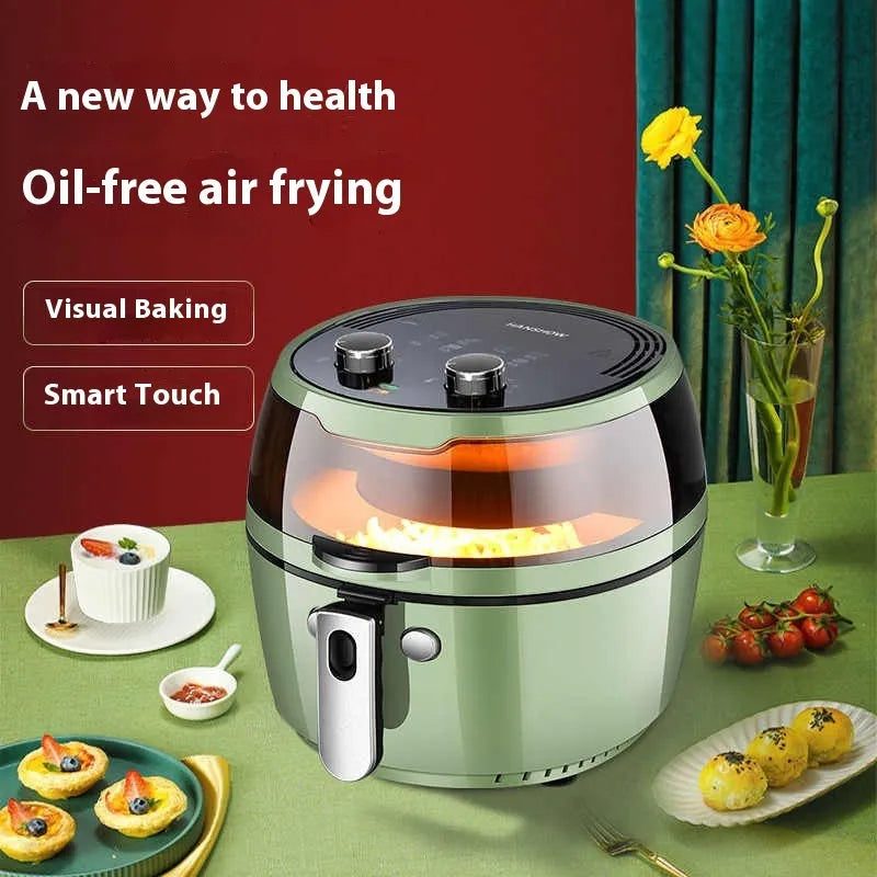 Air fryer oven with visible window showing food inside, mechanical buttons, and 8-litre capacity basket