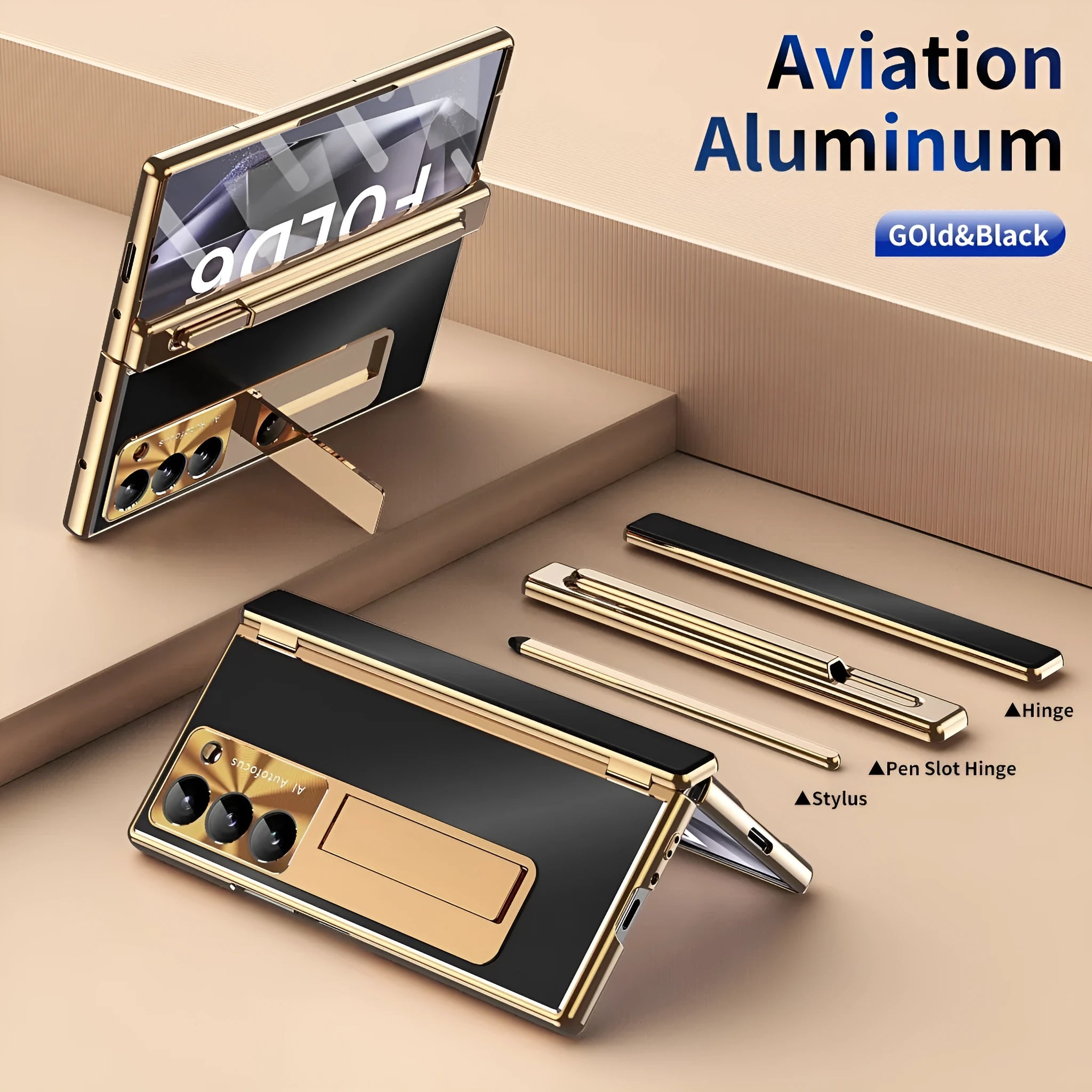 Aluminum alloy flip phone case for Samsung Zfold6 with bracket and magnetic suction, gold helmet black armour colour