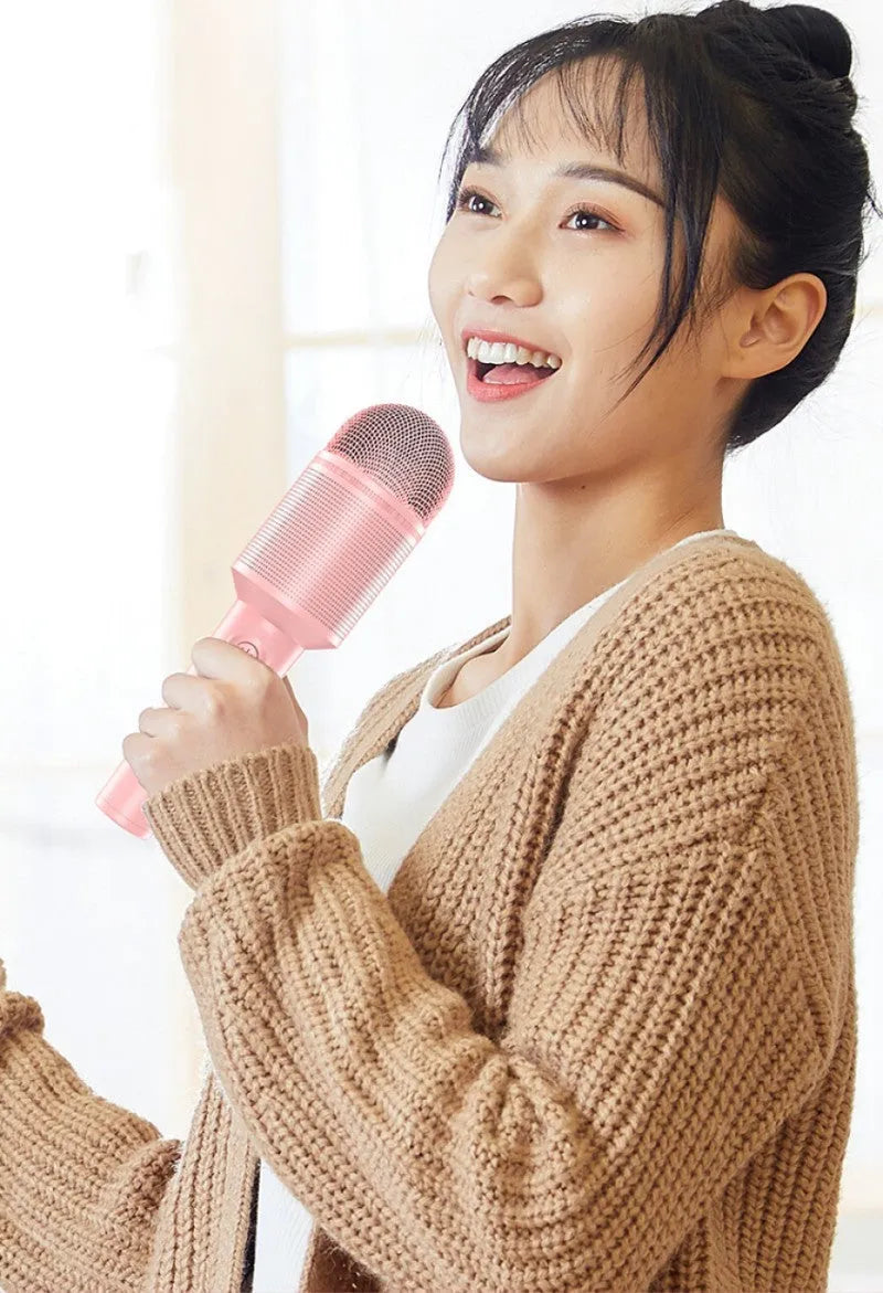 Wireless Bluetooth karaoke microphone in girly pink, sapphire blue, and mint green colour options