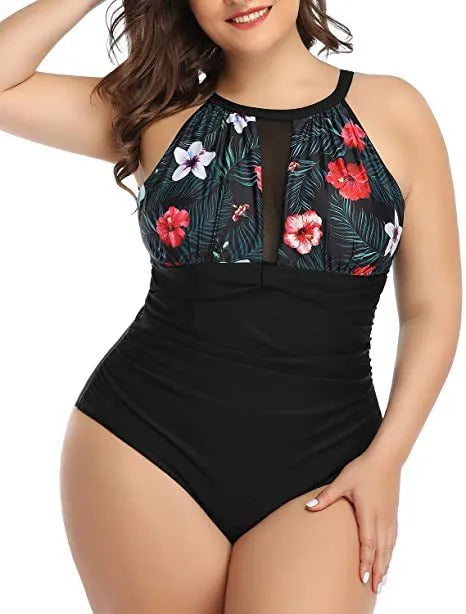 Women's black lace one-piece swimsuit on a mannequin, plus size swimwear option