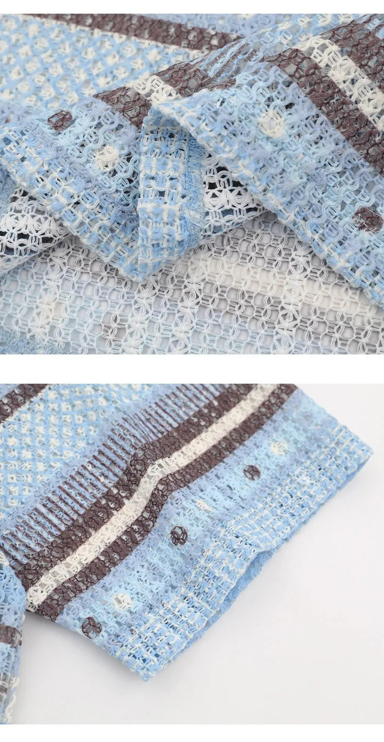 Men's blue printed loose fit casual shirt with short sleeves and elastic polyester fabric