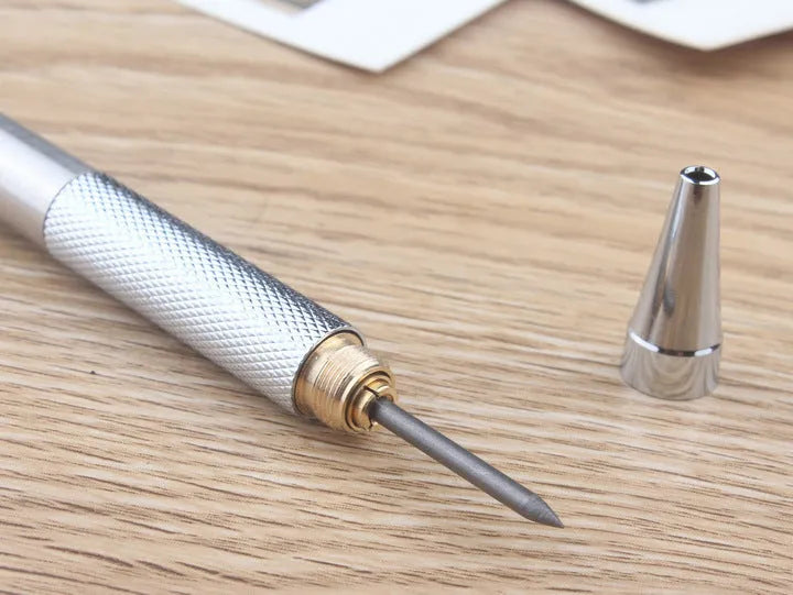 Metal automatic mechanical pencil with retractable tip, shown with compatible lead sizes from 0.3mm to 3.0mm.