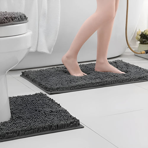 Chenille three-piece bathroom carpet set with U-shaped toilet mat and two rectangular mats in modern minimalist style