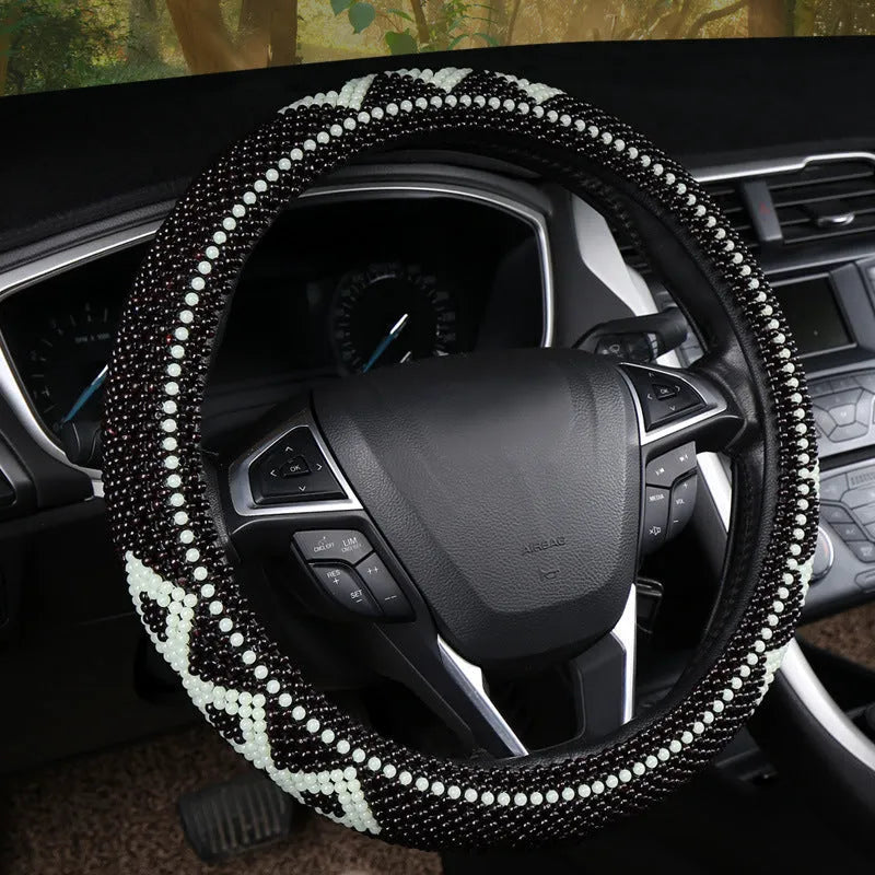 Small card light wooden bead steering wheel cover for 38cm wheels in black colour option