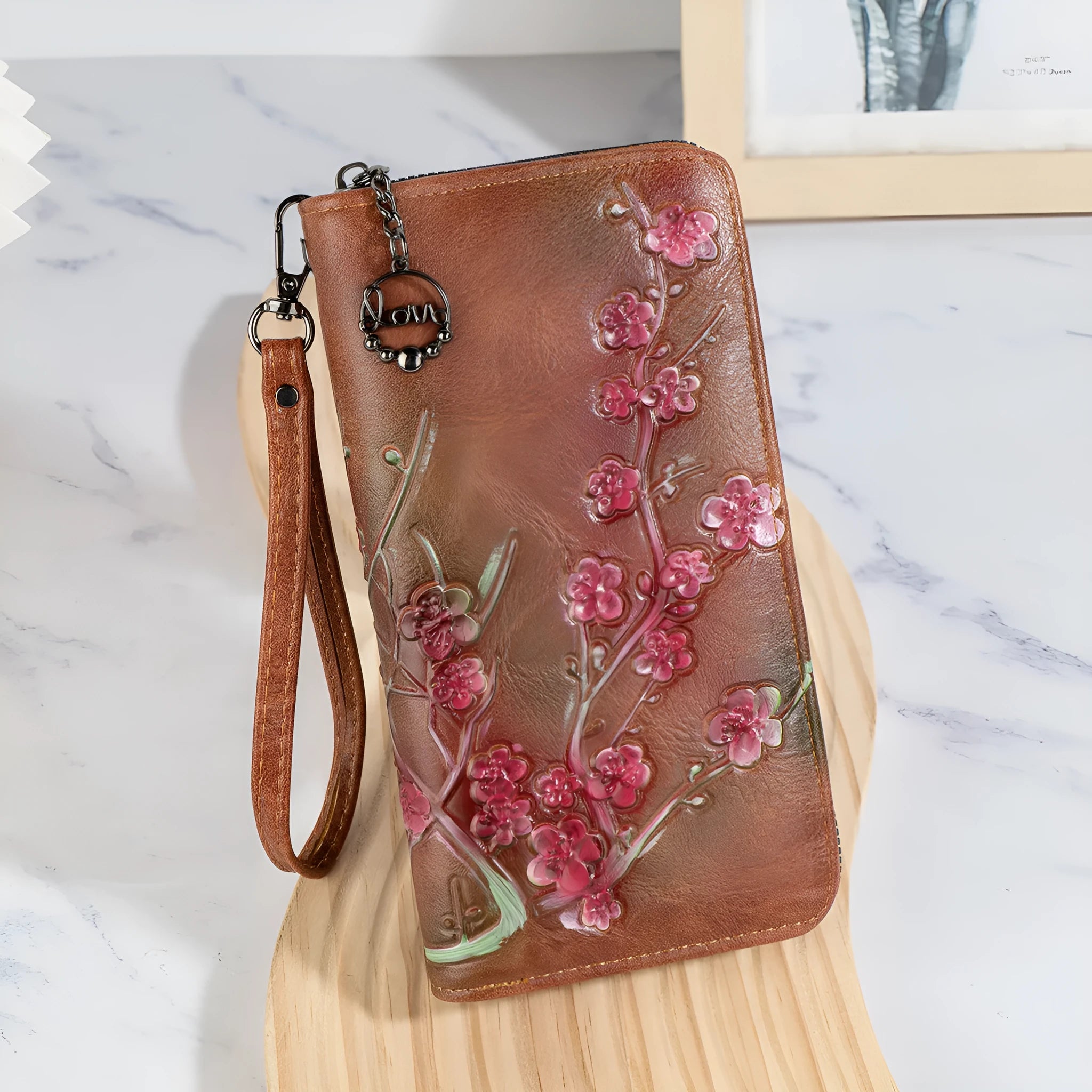 Chinese style handbag with embossed floral pattern and hand-painted design in vintage retro styling