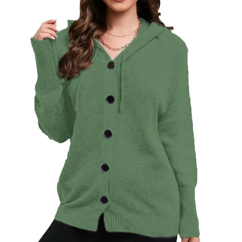 Women's solid colour thick cotton hooded cardigan sweater with 3D pattern, shown in loose fit.