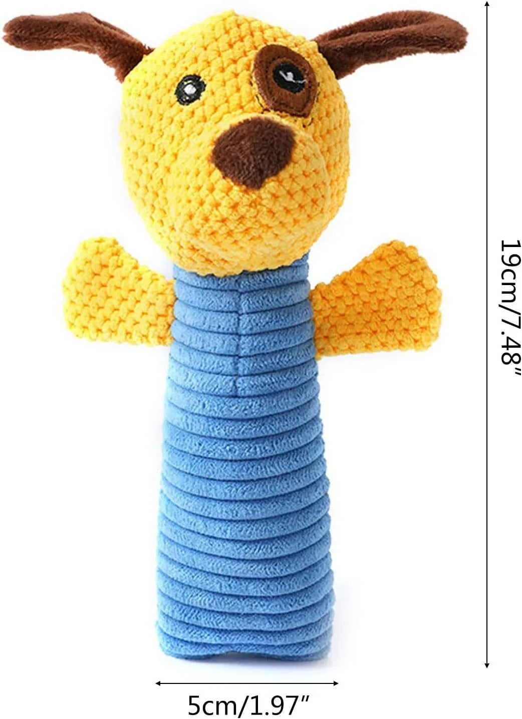Soft plush squeaky dog chew toy in animal shape for dental care and play.