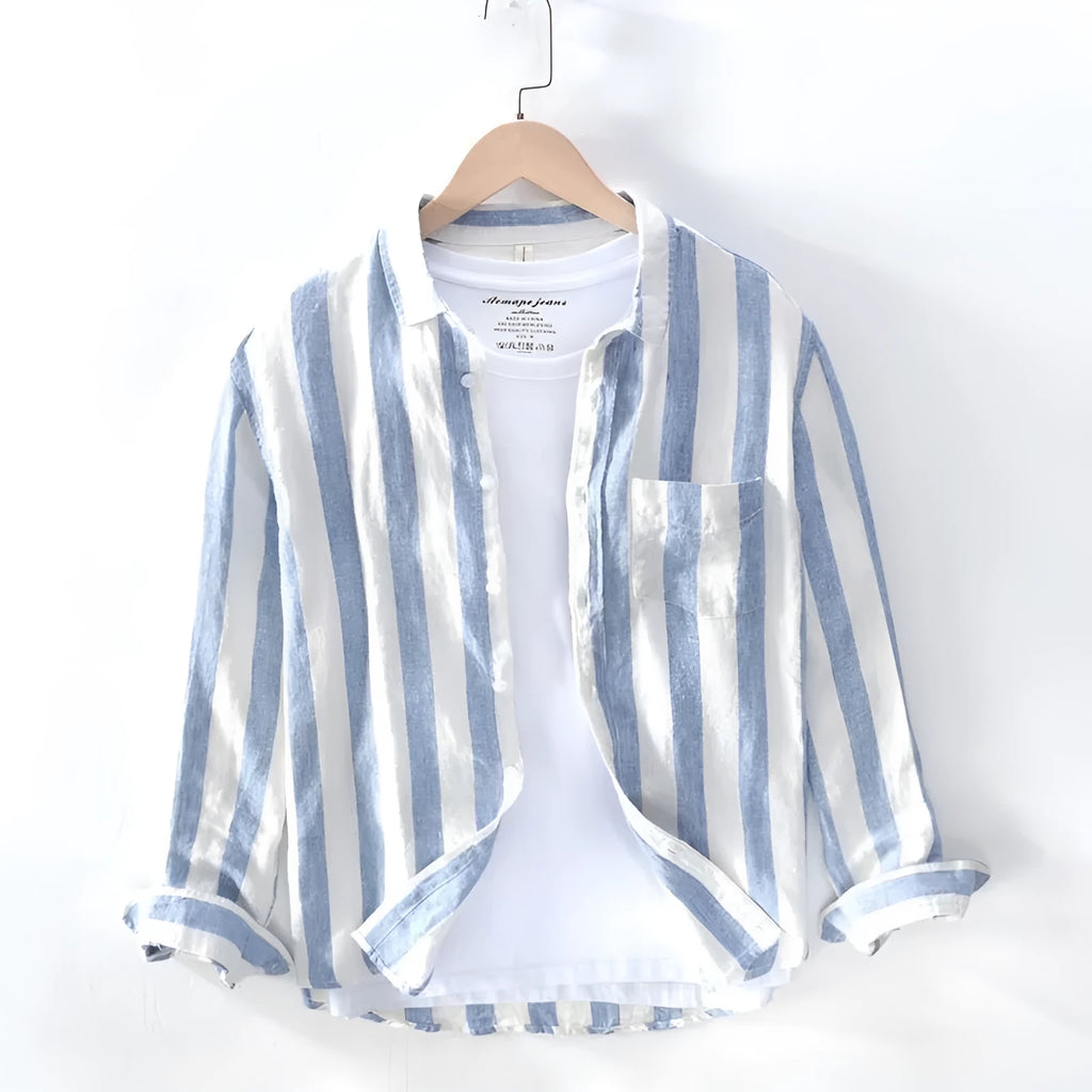 Men's blue Hong Kong style loose fit long sleeve shirt with fleece lining for spring summer casual wear