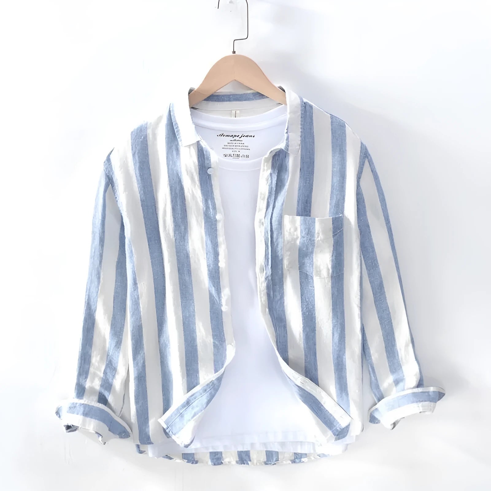 Men's blue Hong Kong style loose fit long sleeve shirt with fleece lining for spring summer casual wear
