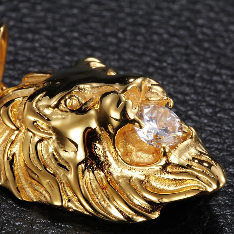 Gold alloy diamond lion's head men's pendant necklace with geometric shape