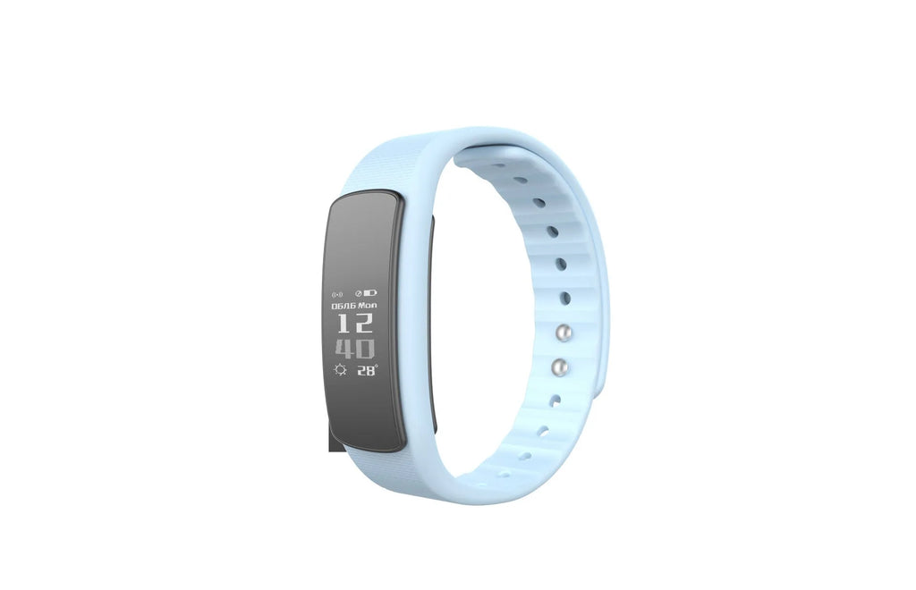 I6 smart sports bracelet with 0.96-inch touch screen showing health metrics on black or green TPU wristband