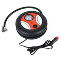 Mini air pump in black ABS casing, dimensions 17x17x6cm, with pressure gauge and power cord