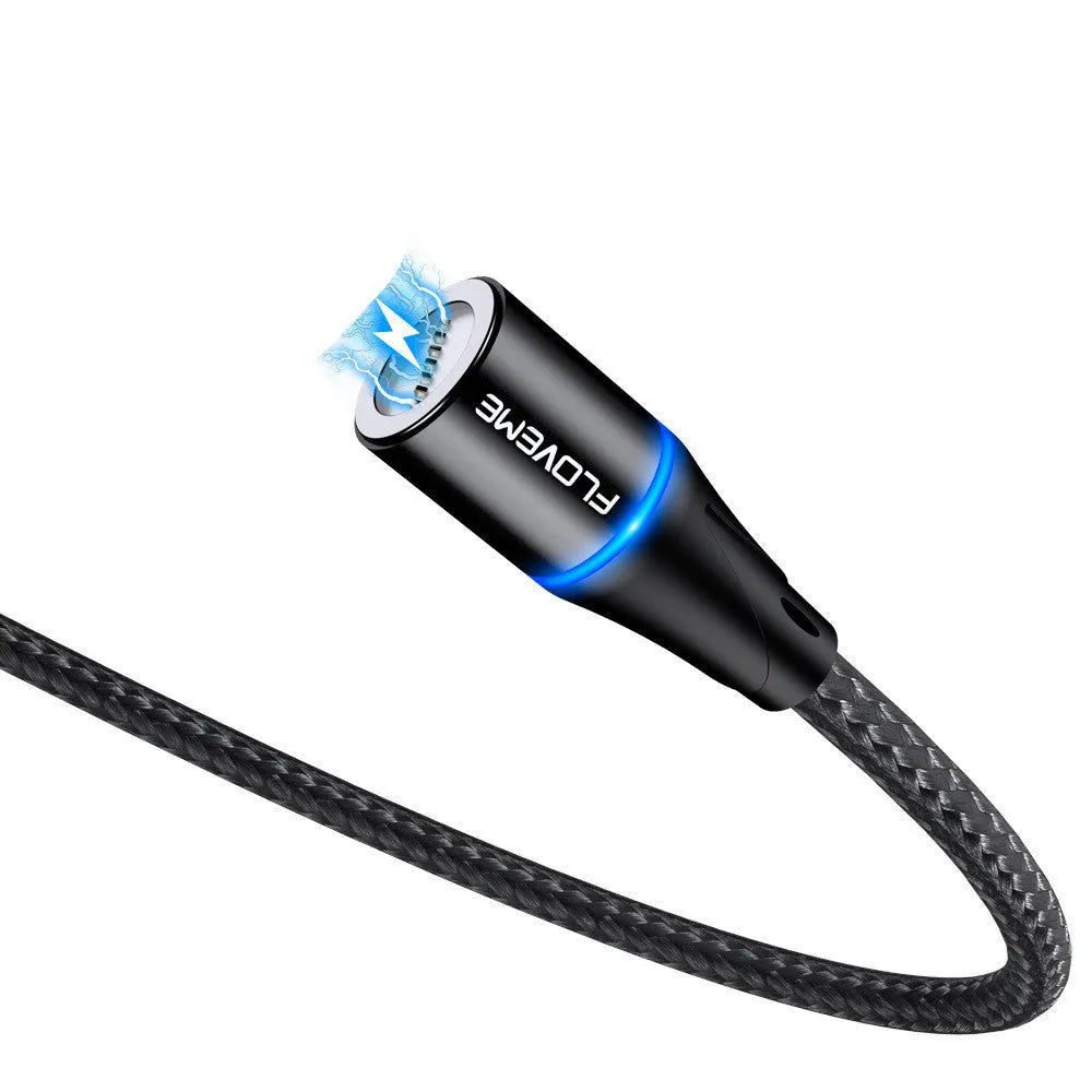 Black magnetic USB charging cable with illuminated side light on connector, next to smartphone.