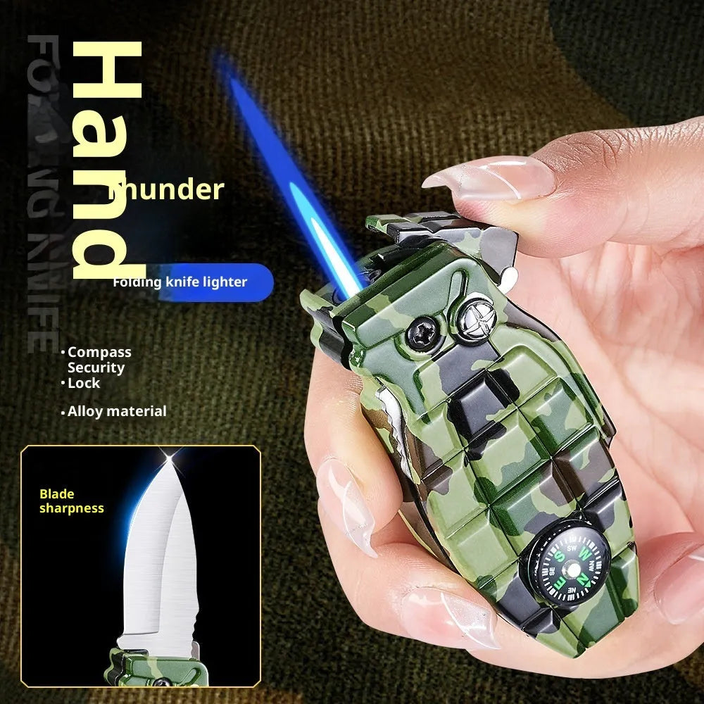 Grenade-shaped windproof metal lighter with knife, Antique Silver brushed finish