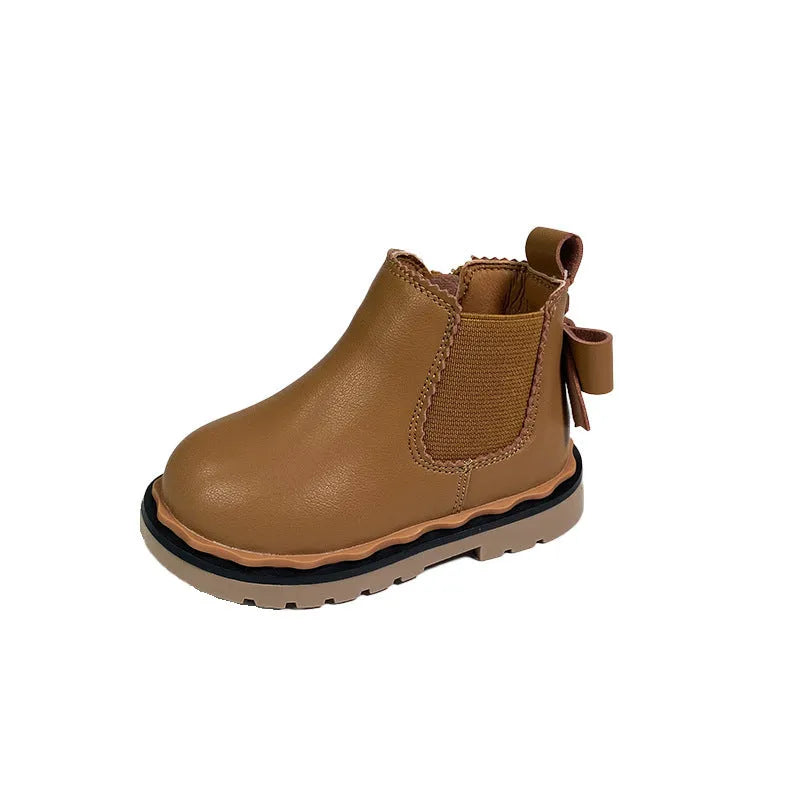 Girls Bowknot Smoke Tube Martin Boots in black with side zipper and bowknot detail