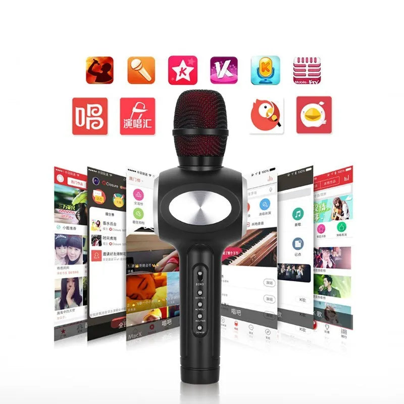 Yaerjia E108 handheld karaoke microphone in black, gold, or pink colour with built-in speakers.