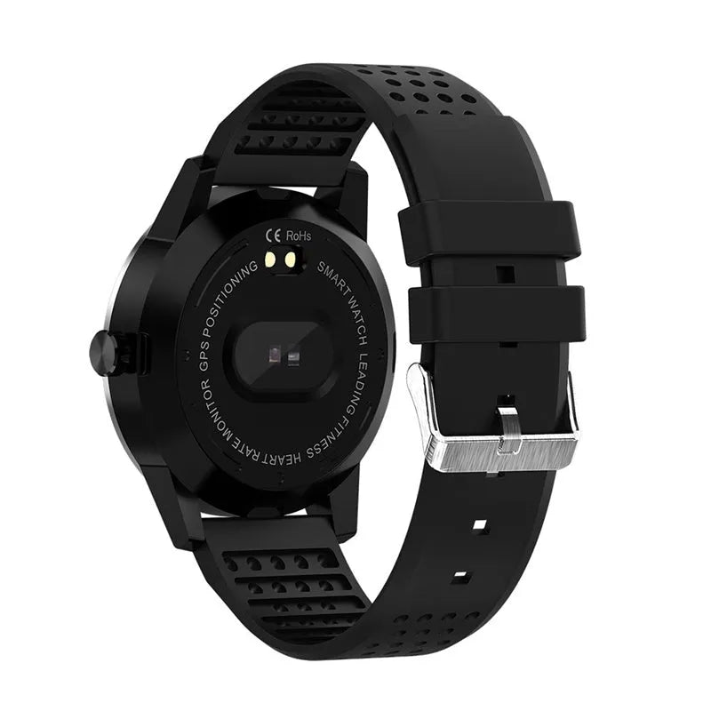 Black smart bracelet with colour screen displaying heart rate and step count data