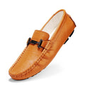 Men's black casual leather shoes with a silver belt buckle on the upper