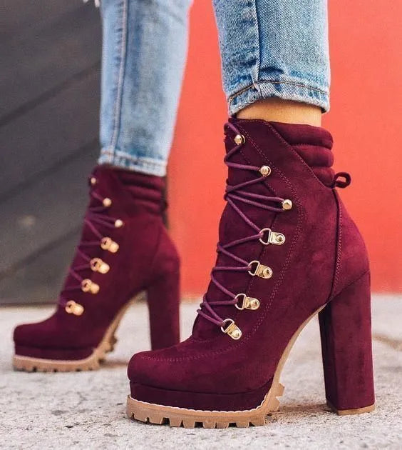 Women's genuine suede high heel boots in army green colour with round toe and buckle detailing