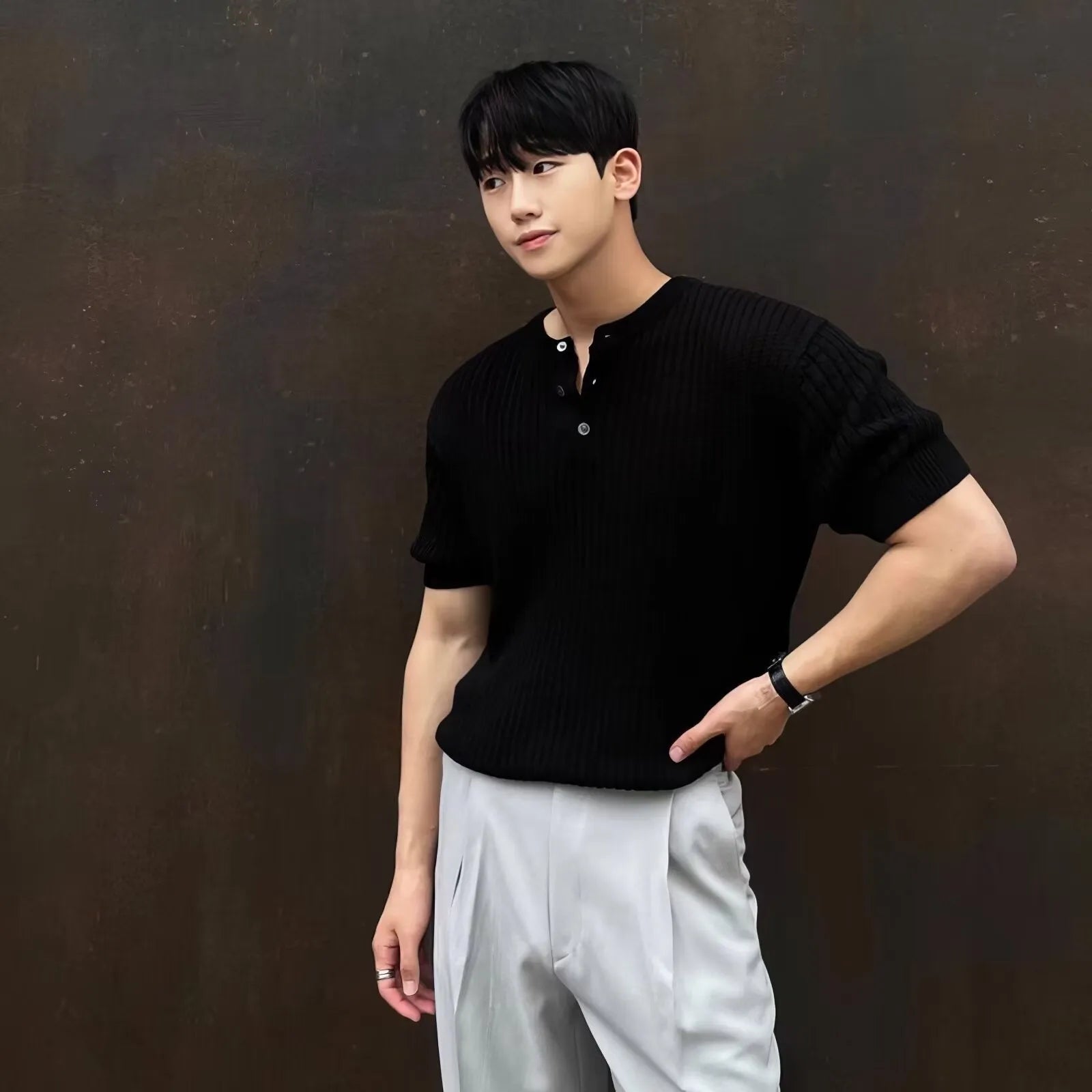 Men's short sleeve vertical stripes ice silk slim fit pullover shirt in black, white, and khaki colours