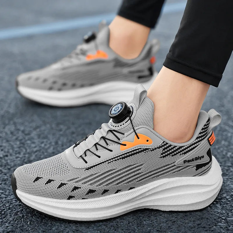 Men's white green rotating buckle Fly-kit mesh sports running shoes with TPU popcorn sole