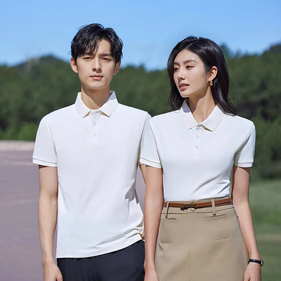 Summer short-sleeved polo shirt with lapel in Beige, made from combed cotton viscose blend, size M, front view