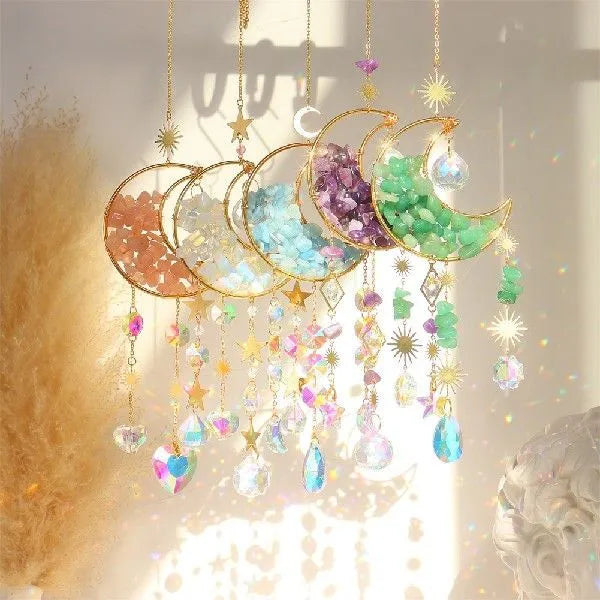 Moon-shaped K9 crystal car pendant hanging from a metal chain, available in blue, green, pink, purple, and white.
