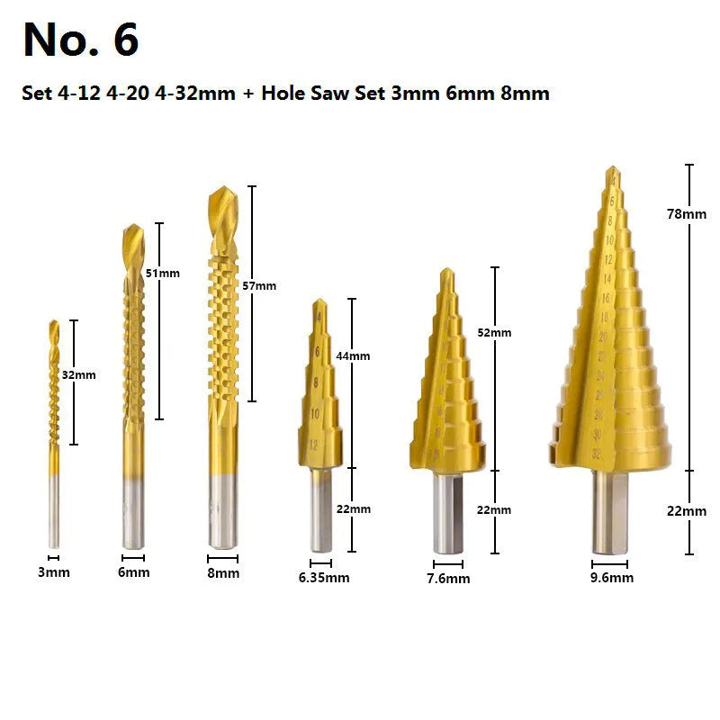 High-speed steel cone step drill bits and a centre punch set on a workshop bench