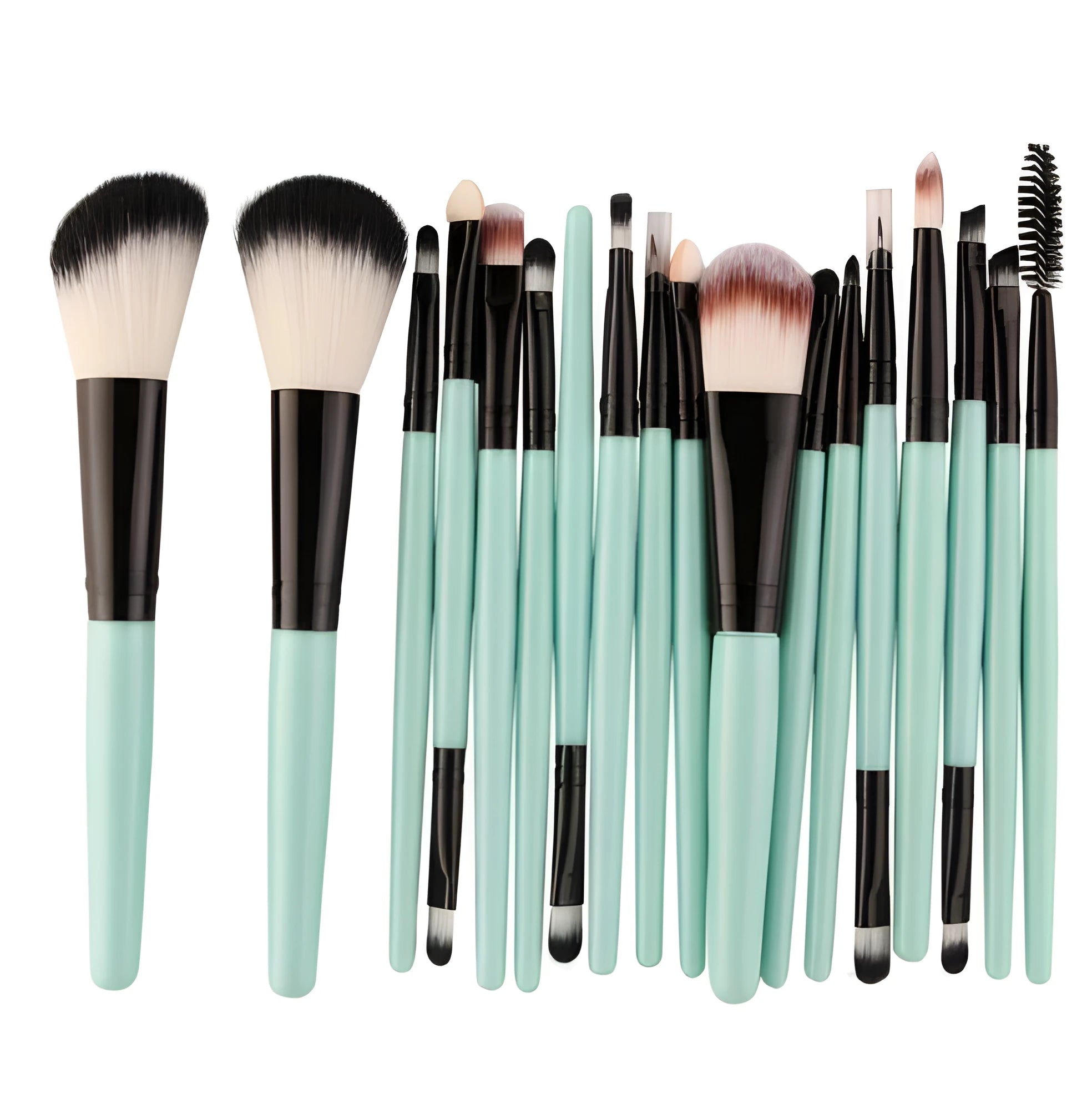 18-piece makeup brush set with fan-shaped tools in multiple styles for professional and home makeup application