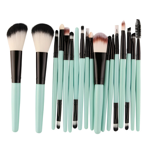 18-piece makeup brush set with fan-shaped tools in multiple styles for professional and home makeup application