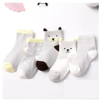 Set of five children's cotton socks in assorted solid colours and stripes, mid-tube length for toddlers 1-3 years