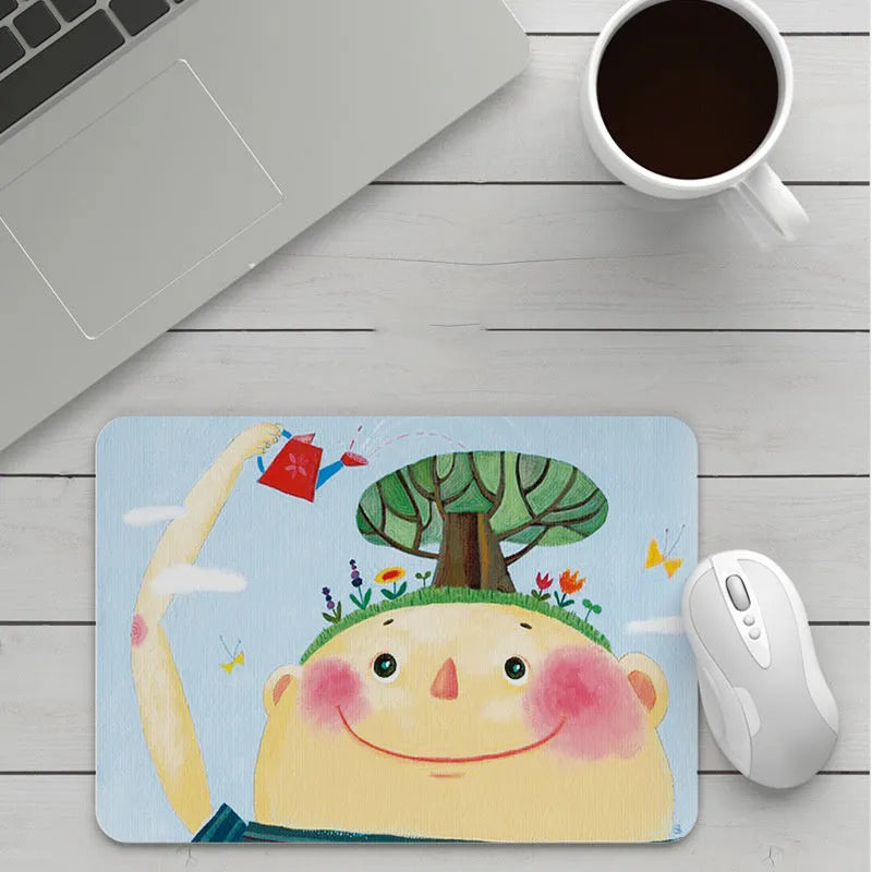 Custom cartoon mouse pad with thickening, showing example artwork on non-slip rubber and cloth base.