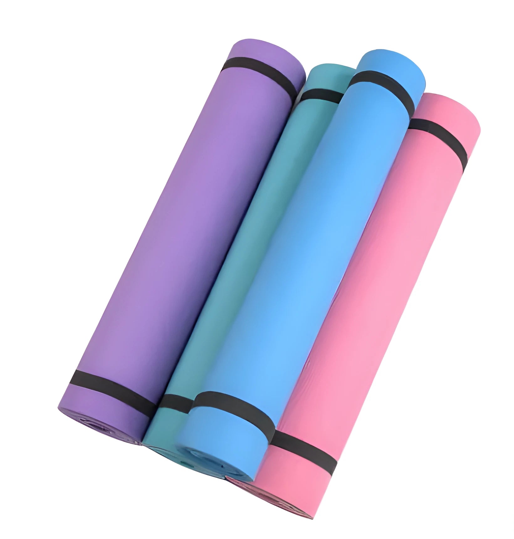 Red and blue EVA composite yoga mats showing 4mm and 6mm thickness options for home fitness.