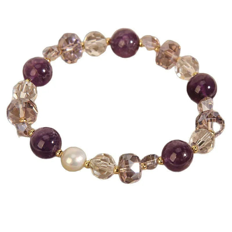 Artificial amethyst bracelet for women with U-shaped design, pearl accents, and four-leaf clover motif