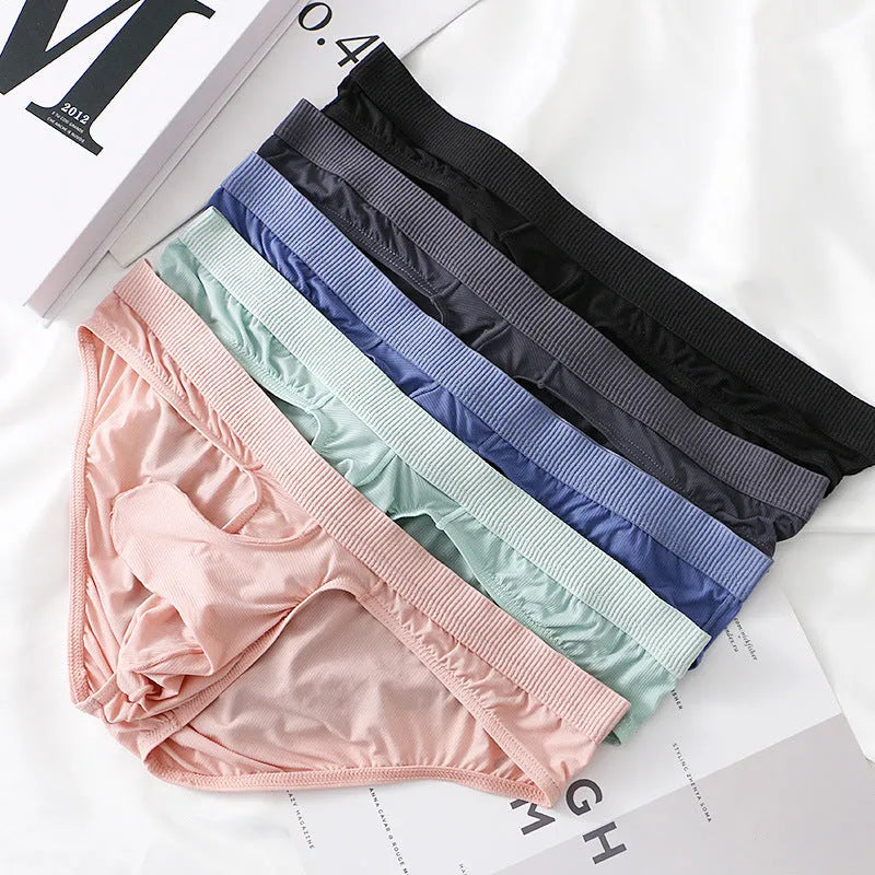Men's low waist ice silk briefs in black, shown flat.