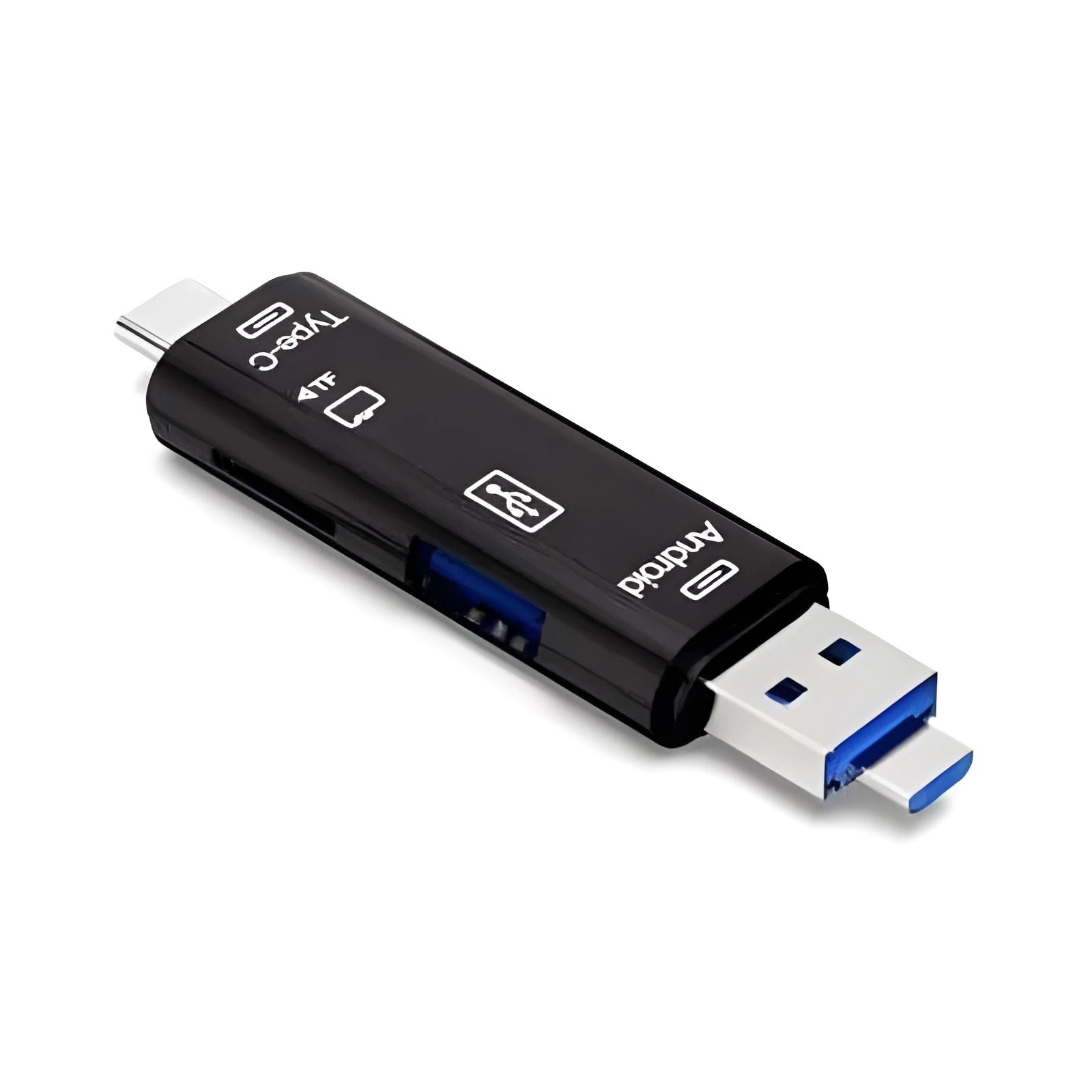Black and white Type-C Micro USB OTG hub adapter with TF card reader for laptops and phones.
