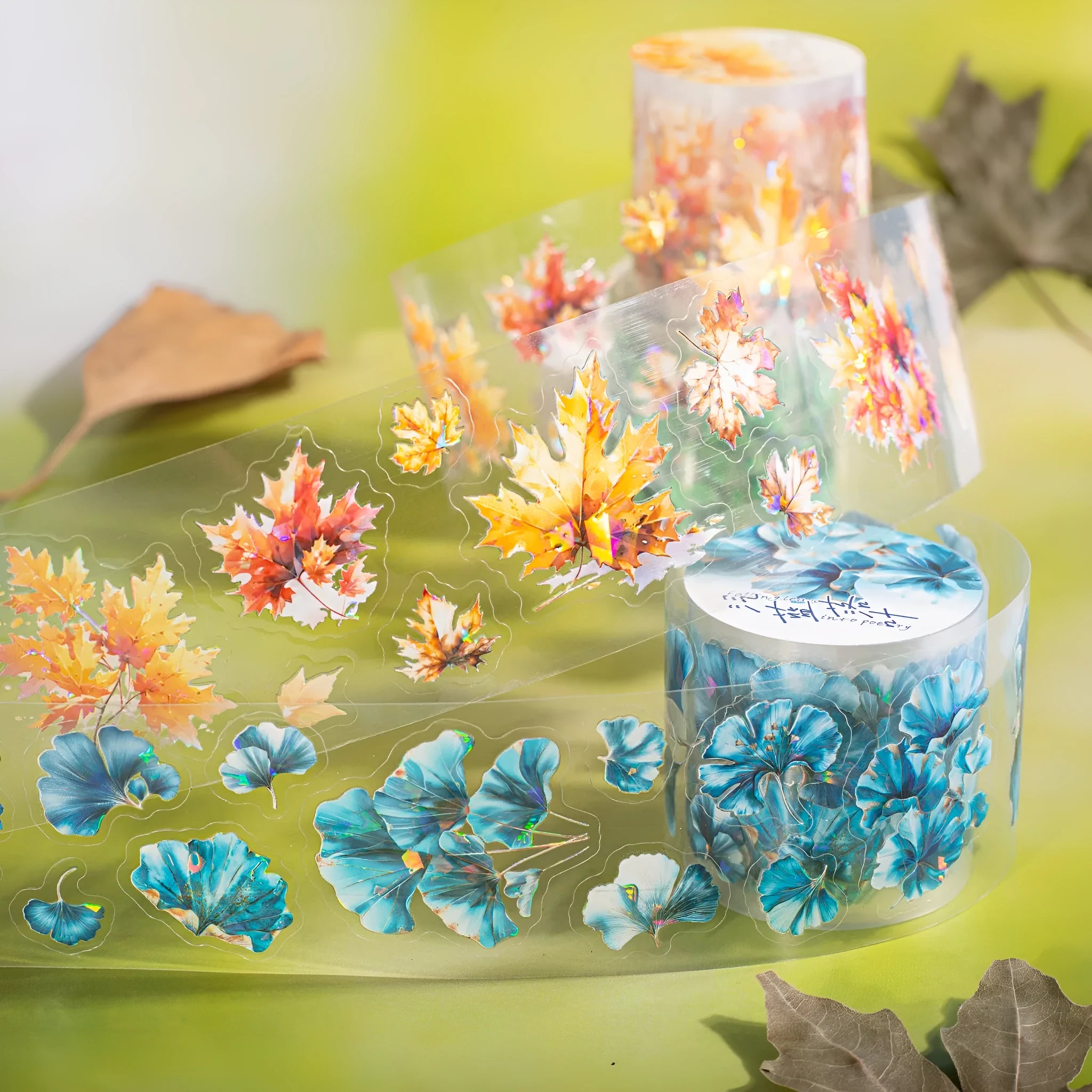 Roll of PET decorative stickers showing six botanical colour designs with 40mm width and 2m length dimensions