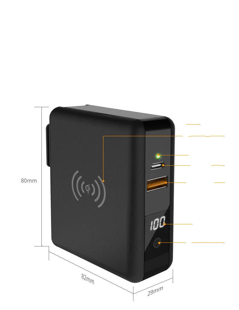 Black and white 10000mAh power bank with wireless charging, a fold-out plug, and international travel adapters.