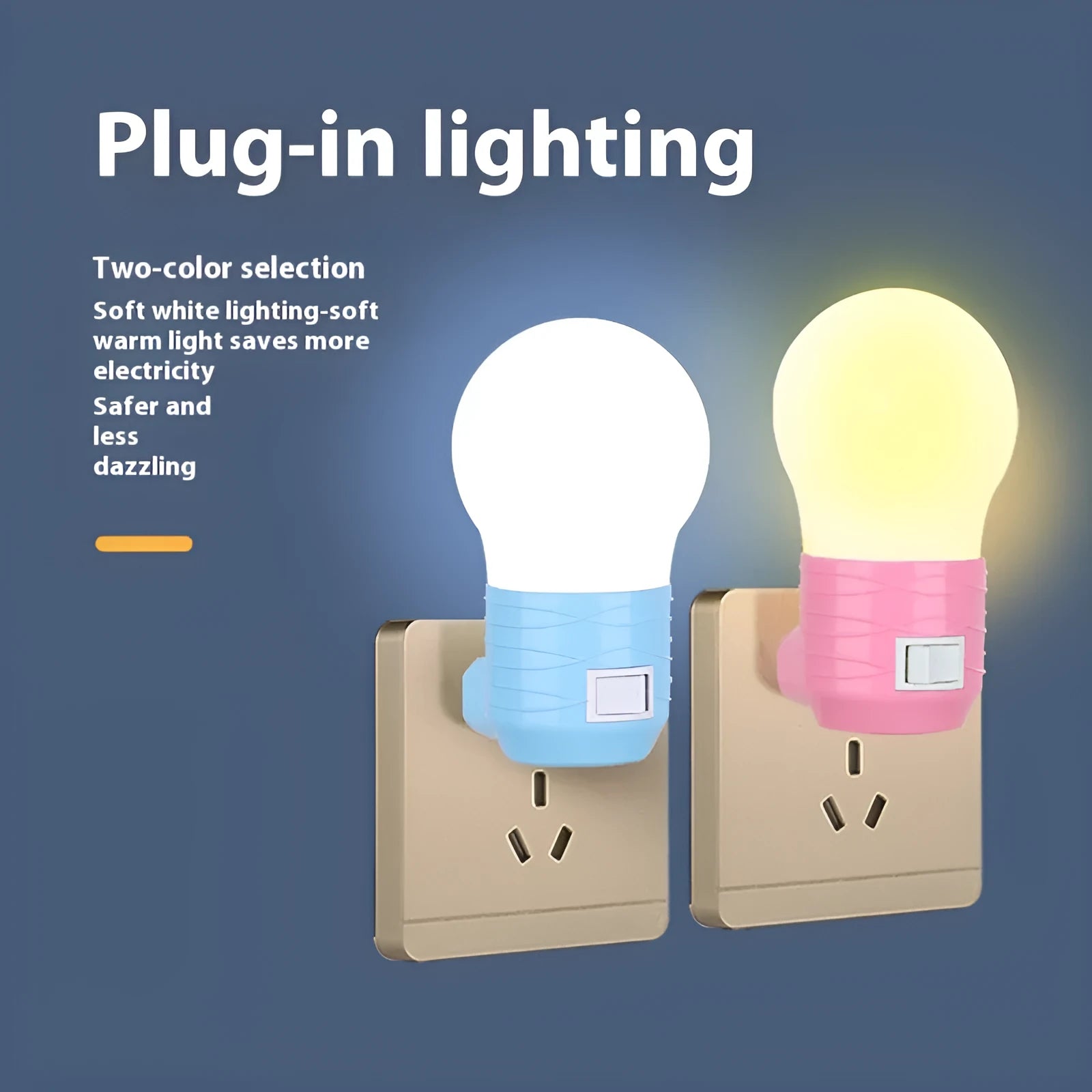 Plug-in bedside baby night light in white shell with modern round design on a table.