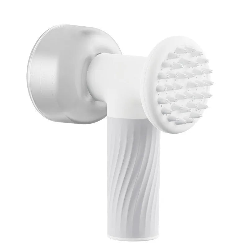 Automatic foaming dog bath brush with soap dispenser and silicone bristles on a white background