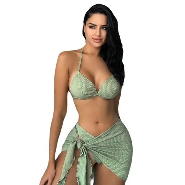 Women's avocado green three-piece swimsuit set with Russian split design, showing bikini top, high-cut bottoms, and skirt.