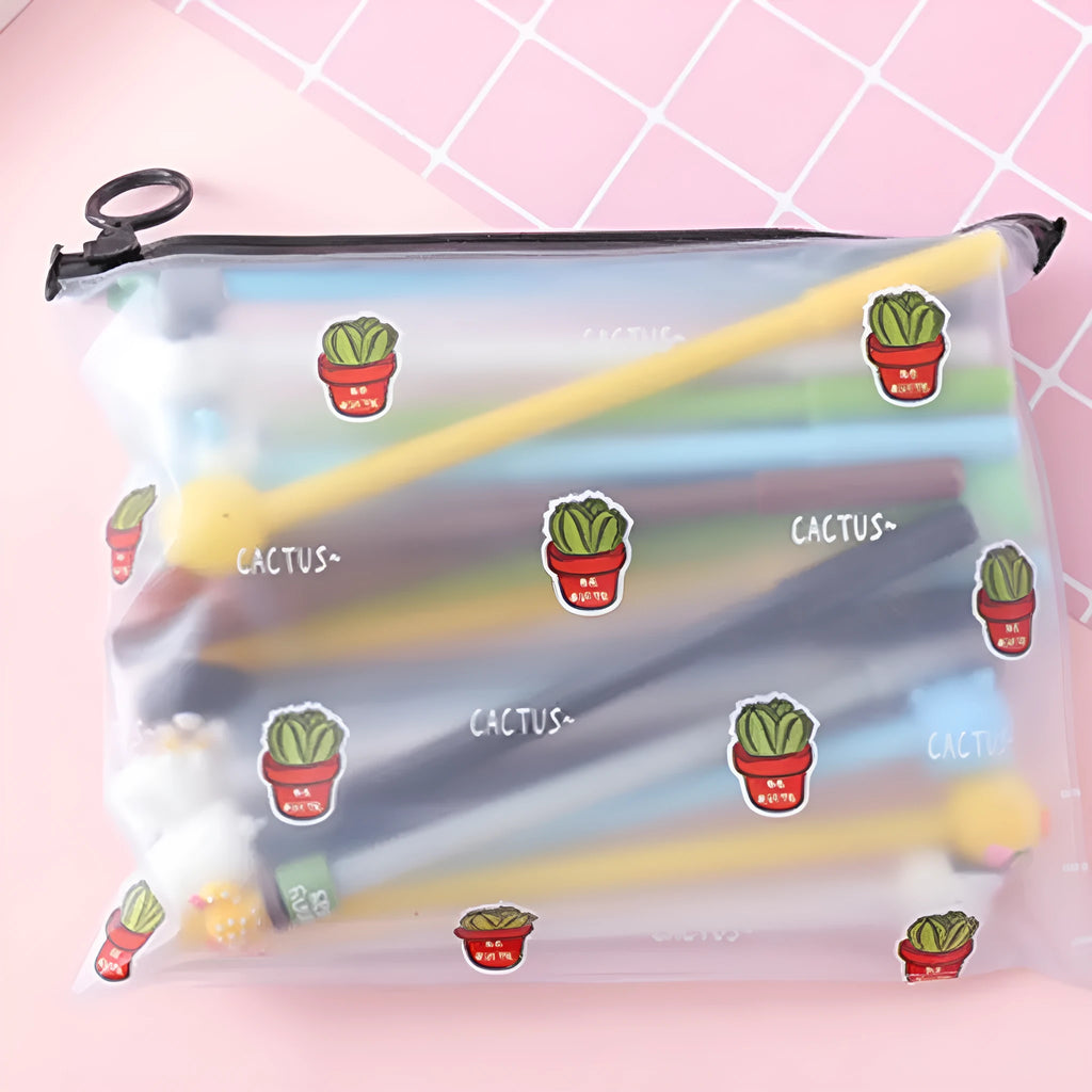 Marvel 20-pack 0.5mm black ballpoint pens with cactus cartoon designs in plastic case