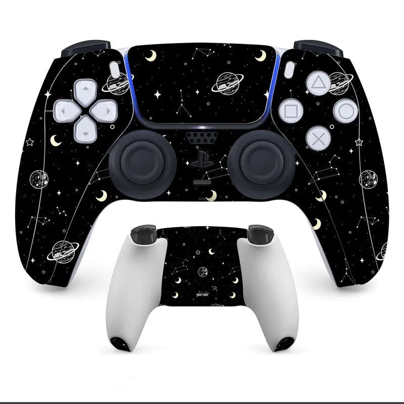 PS5 controller protective sticker kit showing front and back skins in one of eight available styles.