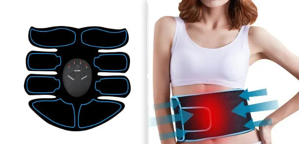 Red, blue and yellow edge abdominal muscle patch with digital display, shown next to a tape measure indicating 22.5cm.