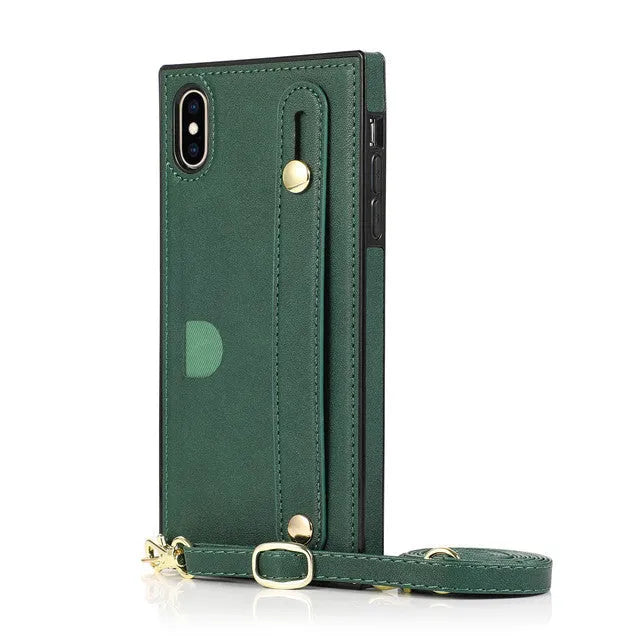 Leather messenger phone case with card holder and wristband for iPhone in five colour options
