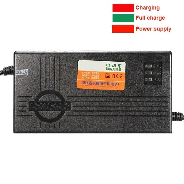 72V20AH electric car charger for lead-acid batteries with compact black housing.