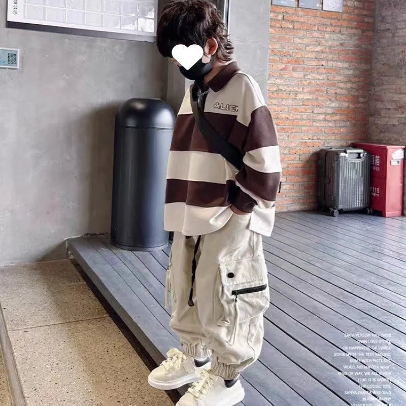 Children cotton workwear trousers mid waist beige and black spring autumn